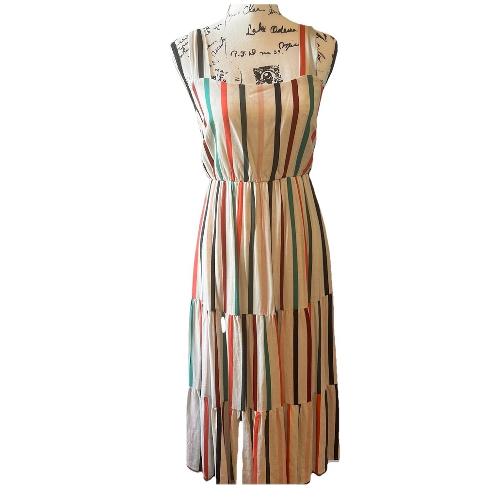Ces Femme Striped Tiered  Adjustable Straps Maxi Dress Women's Medium